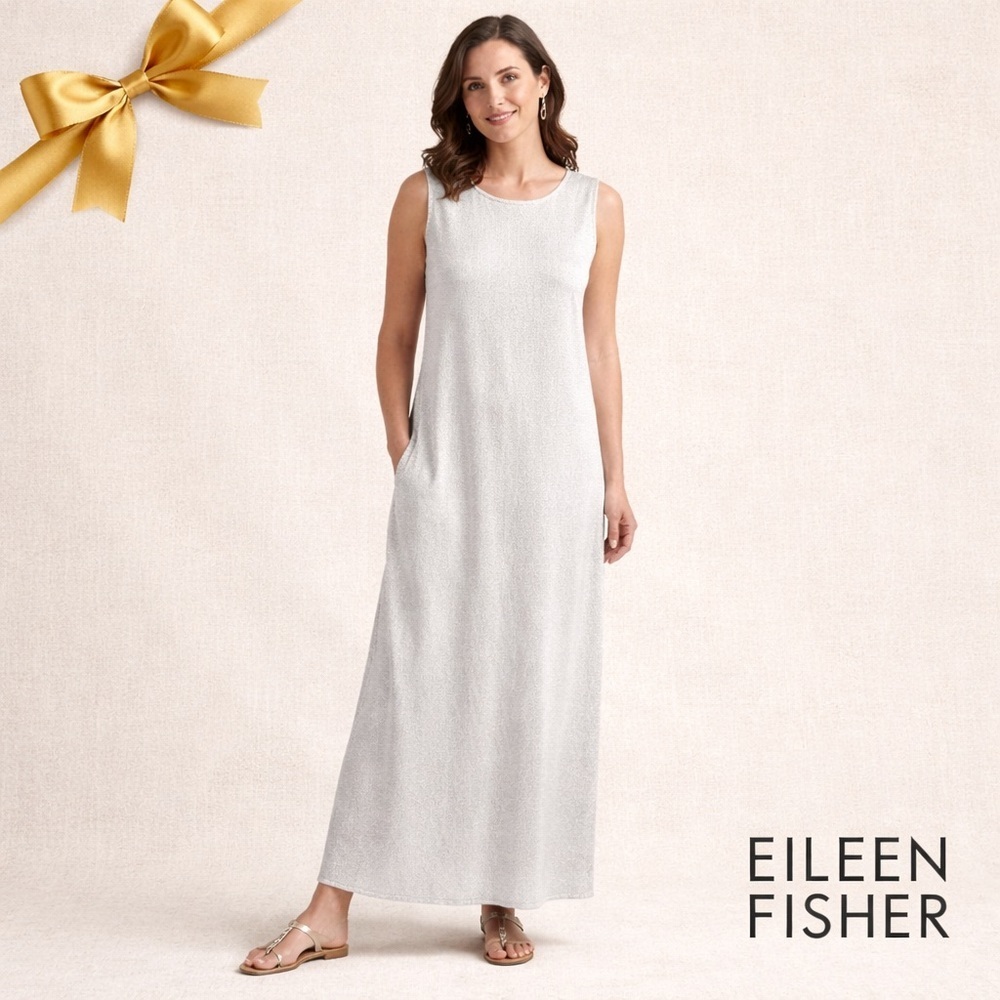 Eileen Fisher Silver Textured Sleeveless Maxi Dress Size Large